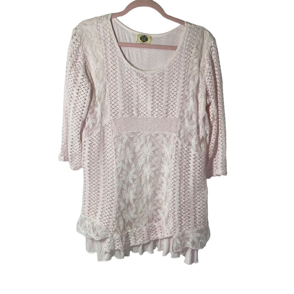 CATALOG CLASSICS   Ladies feminine, lacey, soft pink embroidered top with lightw